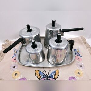 Mid Century Modern Sunburst Set Of Aluminum Coffee Tea Pots With Bakelite Handle